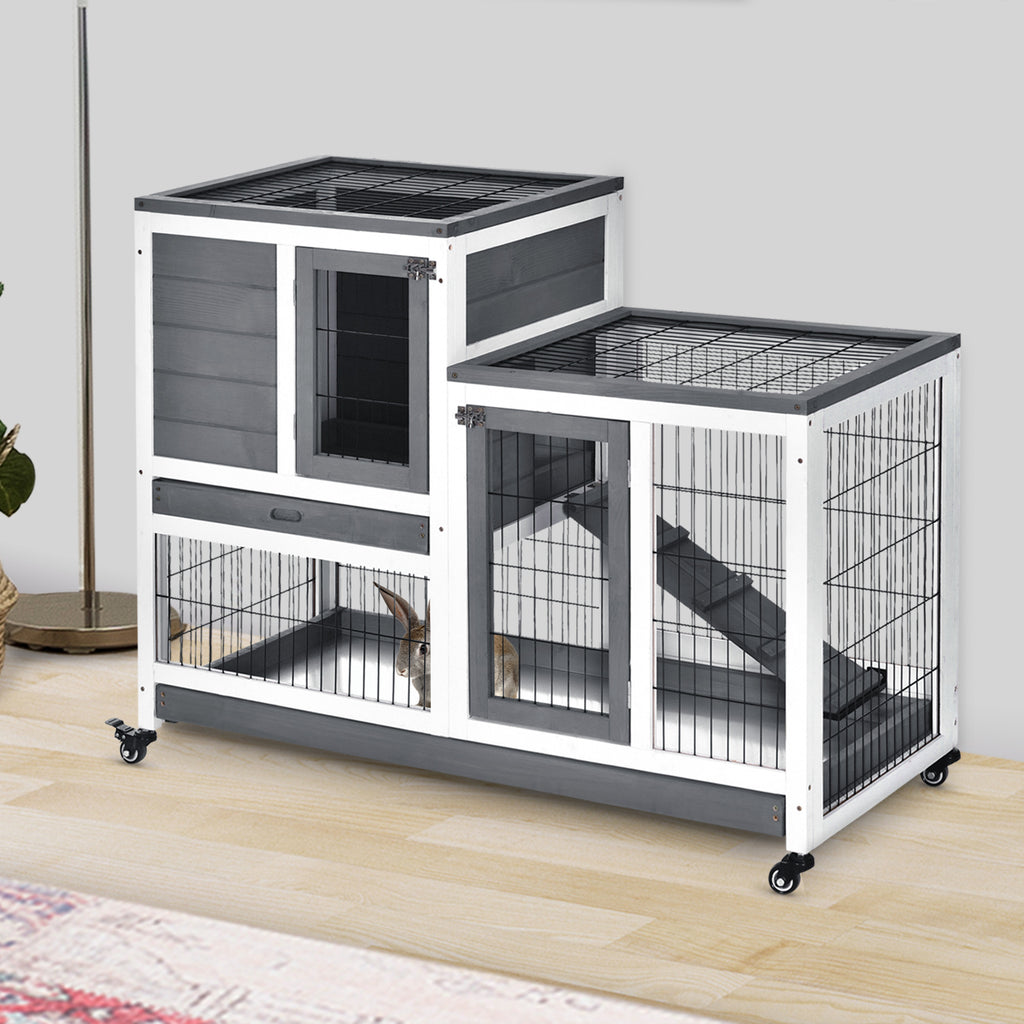 Wooden Rabbit Hutch with Wheels, Removable Trays and House with Ramp, 110x50x88 cm, Grey and White