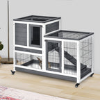 Wooden Rabbit Hutch with Wheels, Removable Trays and House with Ramp, 110x50x88 cm, Grey and White