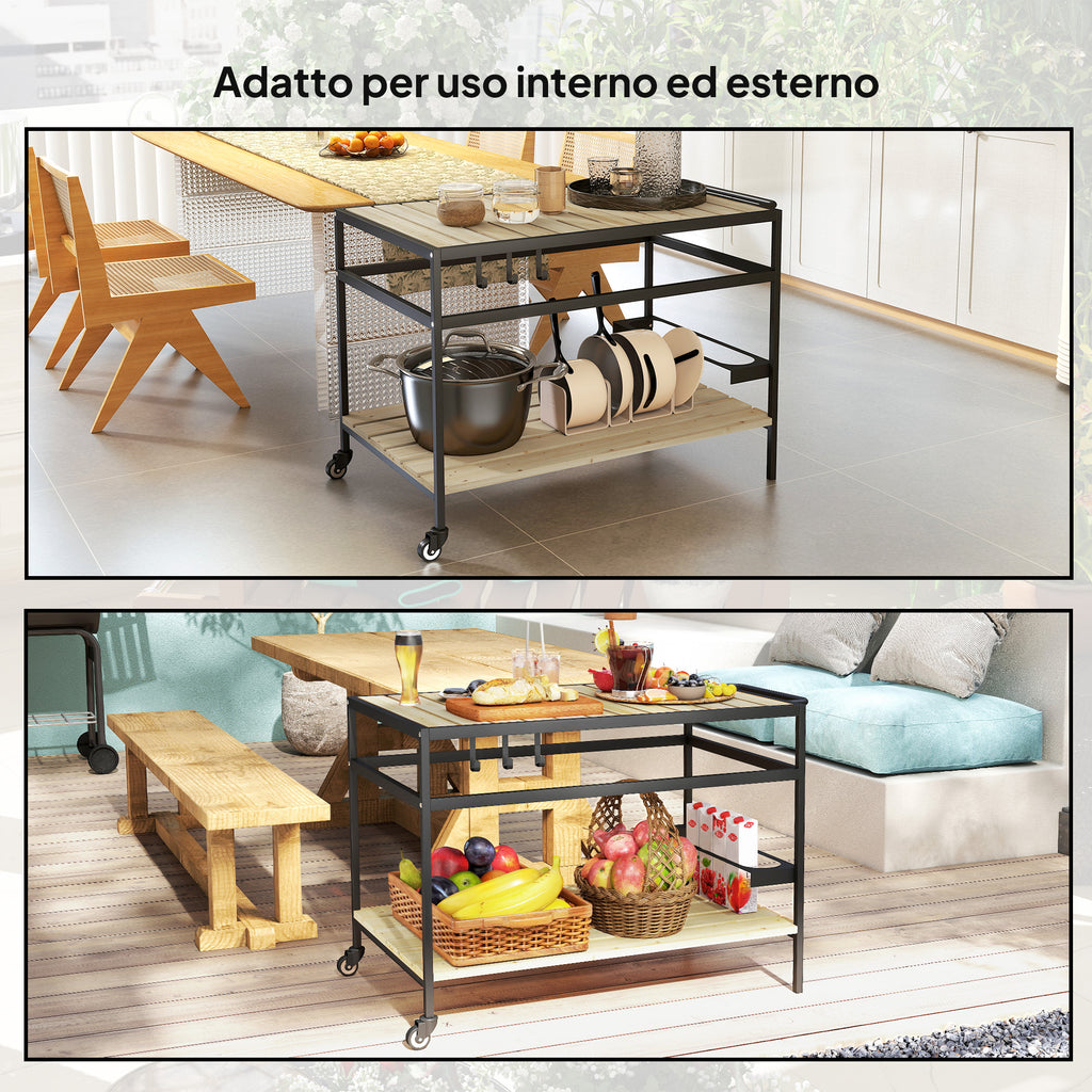 Outsunny Garden Food Cart in Wood with Slats and Steel, Shelf and Handle, 107x65x80 cm