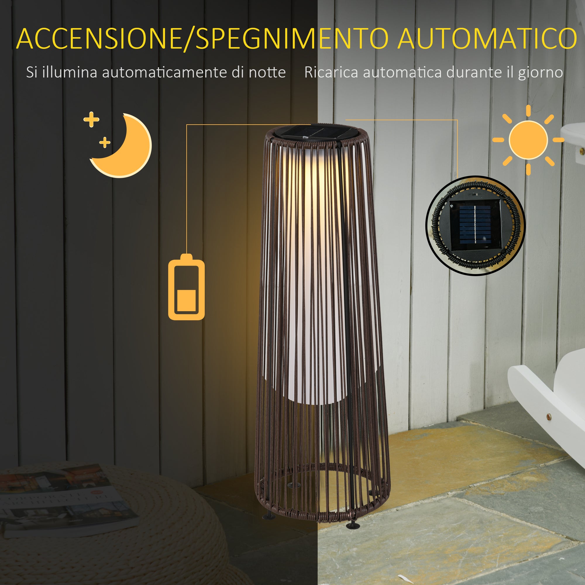 Outsunny Solar Garden Lantern with LED Light in Rattan and Metal, Ø21.5x61cm, Brown