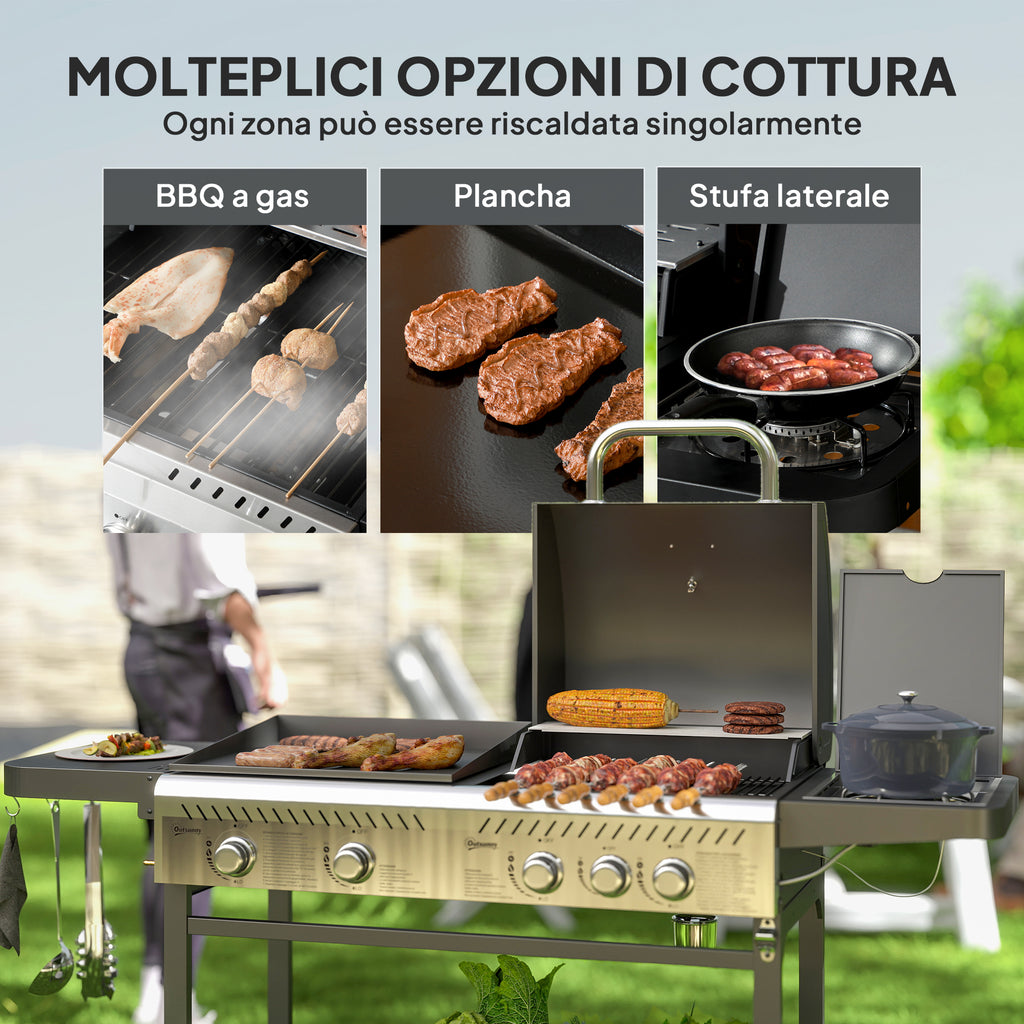 Gas Barbecue with Plate and Burner, Lid with Thermometer and Shelves, Regulator and Tube Included, Black