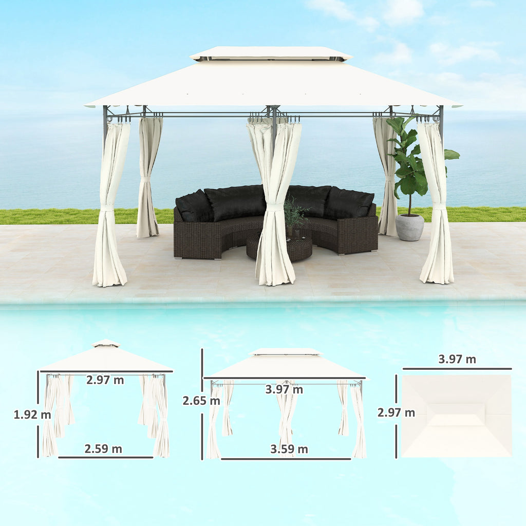 Garden Gazebo 3x4 m with Removable Curtains, Double Roof and Metal Structure, Cream