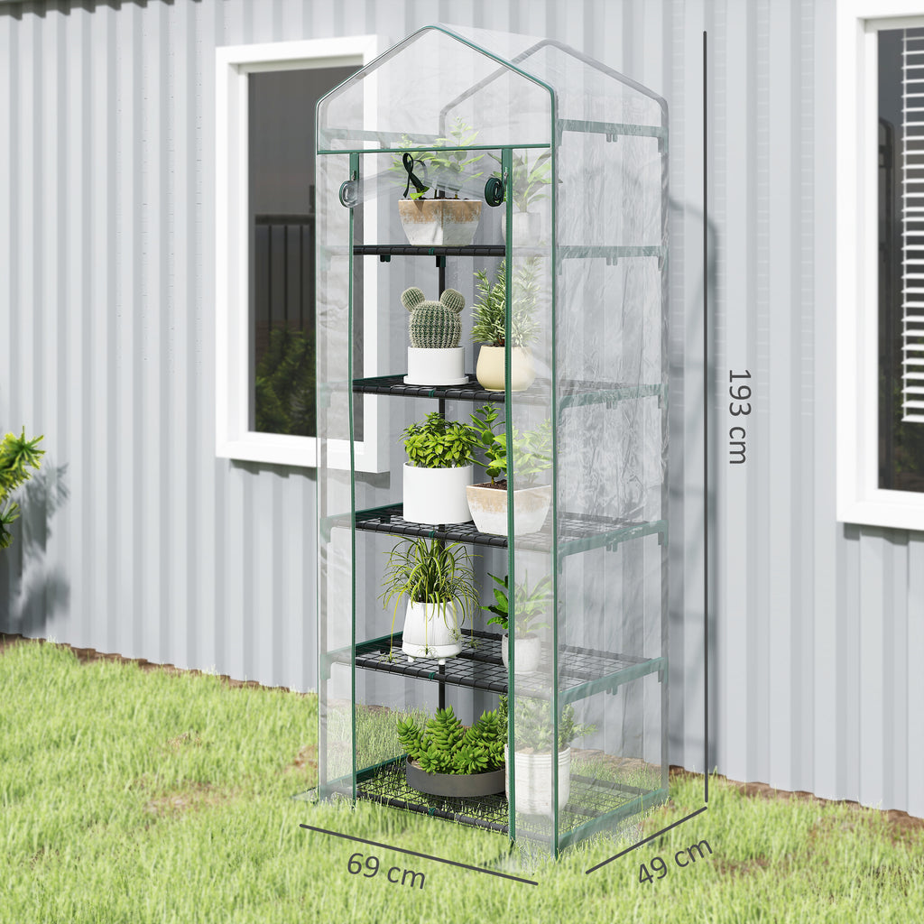 Outsunny 5-Tier Steel Mini Greenhouse for Garden and Terrace Plants with PVC Cover, 69x49x193 cm, Green