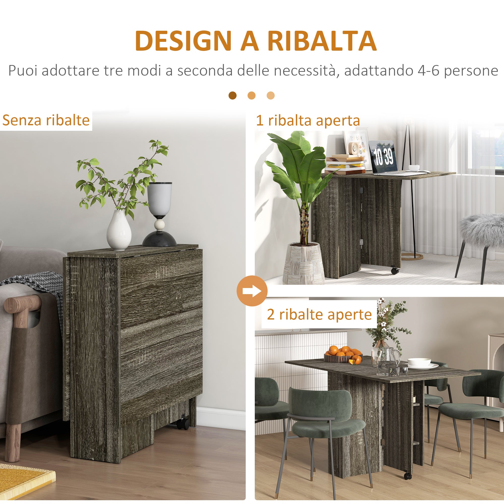 Drop-Leaf Table with 2 Lower Shelves for 6 People Max, Wooden 140x75x74 cm, Grey