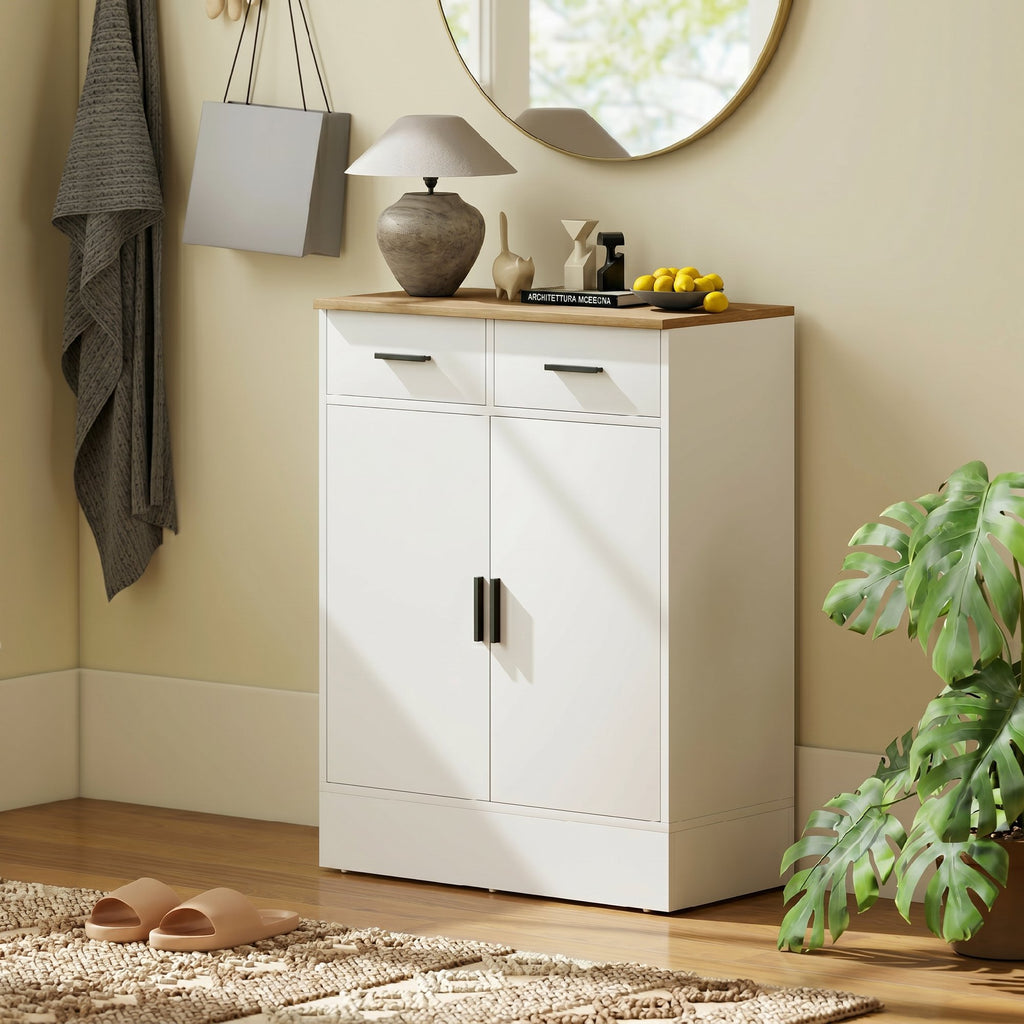 Modern Sideboard with 2 Drawers and 2 Doors, Adjustable Internal Shelf, White and Wood