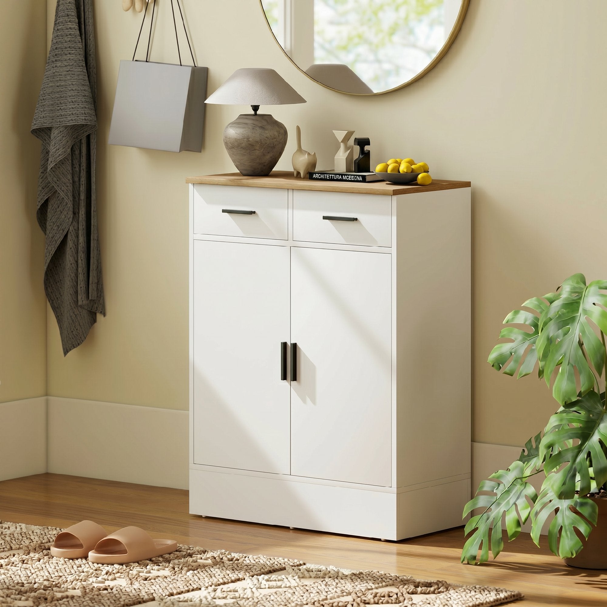 Modern Sideboard with 2 Drawers and 2 Doors, Adjustable Internal Shelf, White and Wood