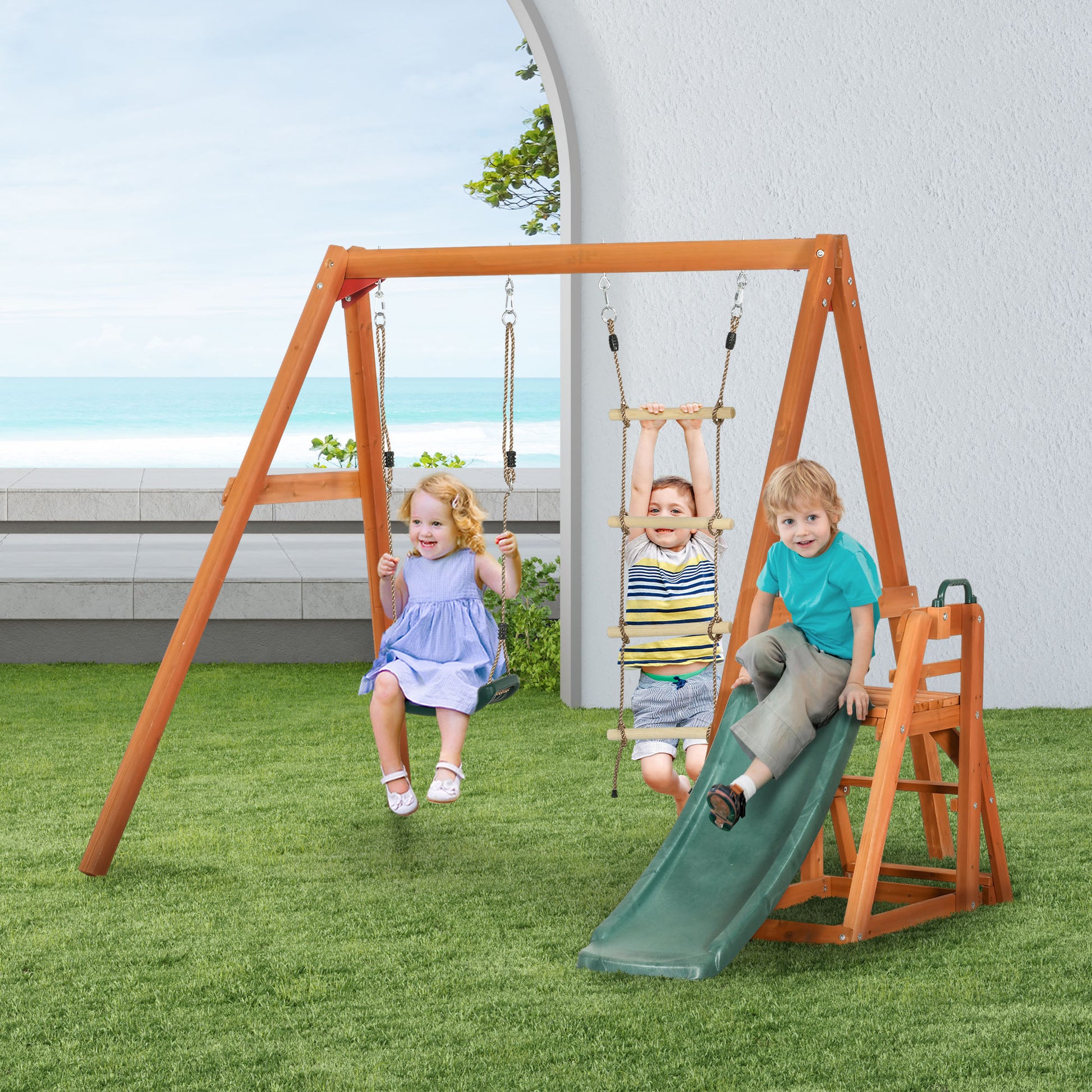 Outsunny set with slide, garden swing and wooden rope ladder for children age 3-8 years - Borgè