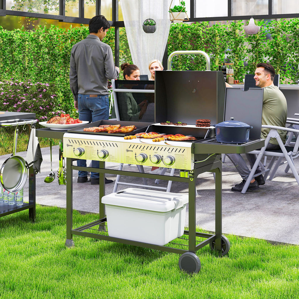 Gas Barbecue with Plate and Burner, Lid with Thermometer and Shelves, Regulator and Tube Included, Black