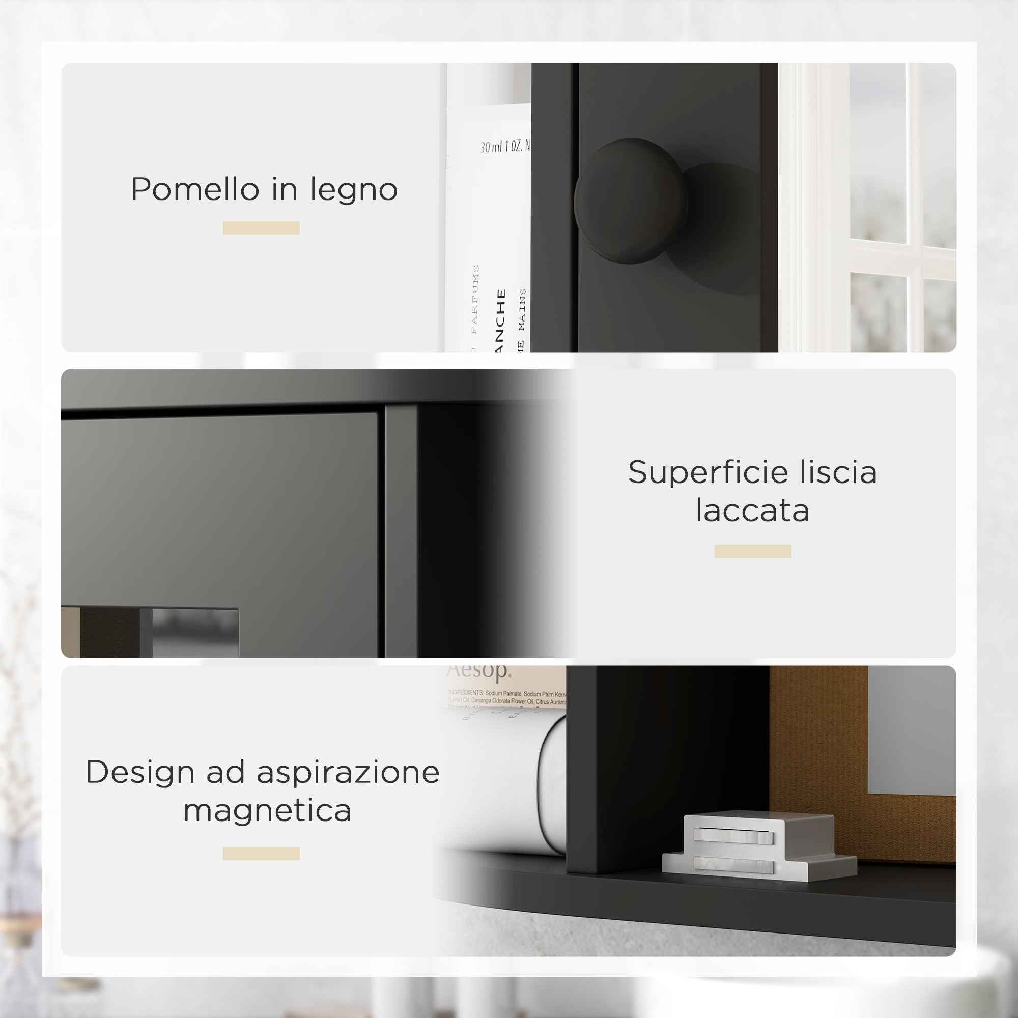 HOMCOM Bathroom Mirror with 6 Open and 2 Closed Shelves, Wood and Glass, 66x17x63 cm, Black