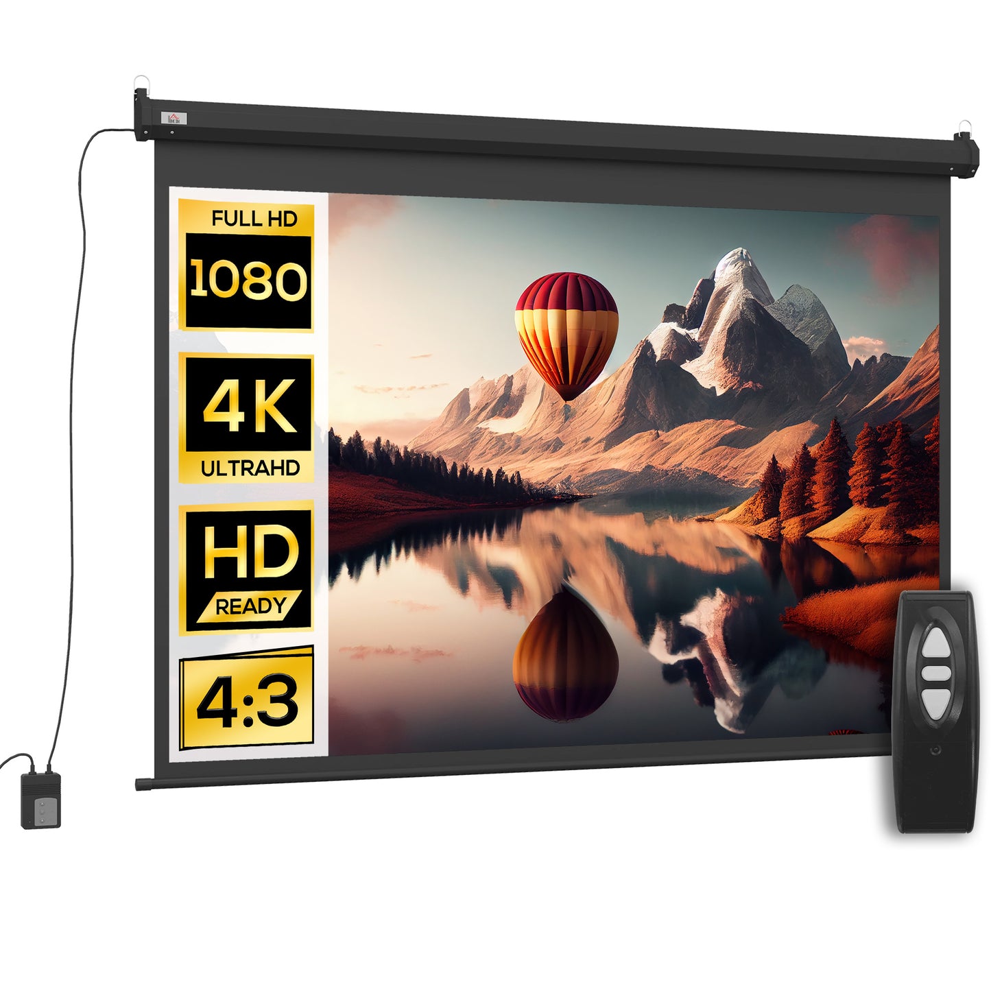 Projector Screen 89"  4:3 Format Adjustable with Remote Control, 171x130cm, Black