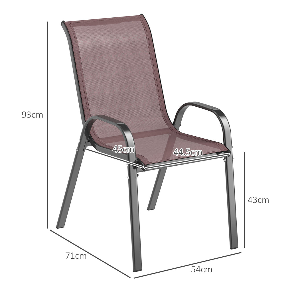 Outsunny Set of 4 Stackable Garden Chairs with Curved Armrests, Steel and Breathable Fabric, 54x71x93 cm, Brown