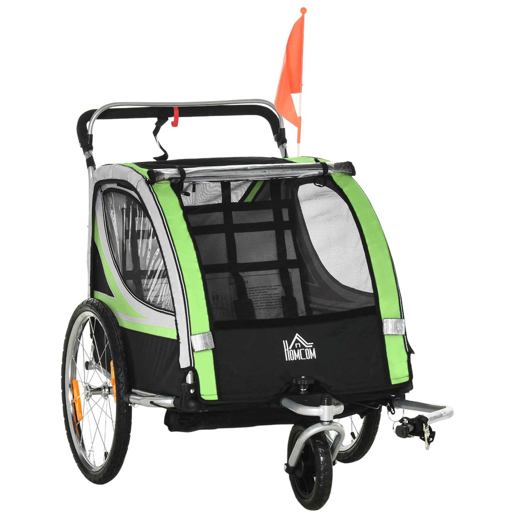 HOMCOM 2-in-1 Kids Bike Trailer and Stroller with Belt, Pockets and Flag, Green