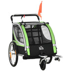 HOMCOM 2-in-1 Kids Bike Trailer and Stroller with Belt, Pockets and Flag, Green