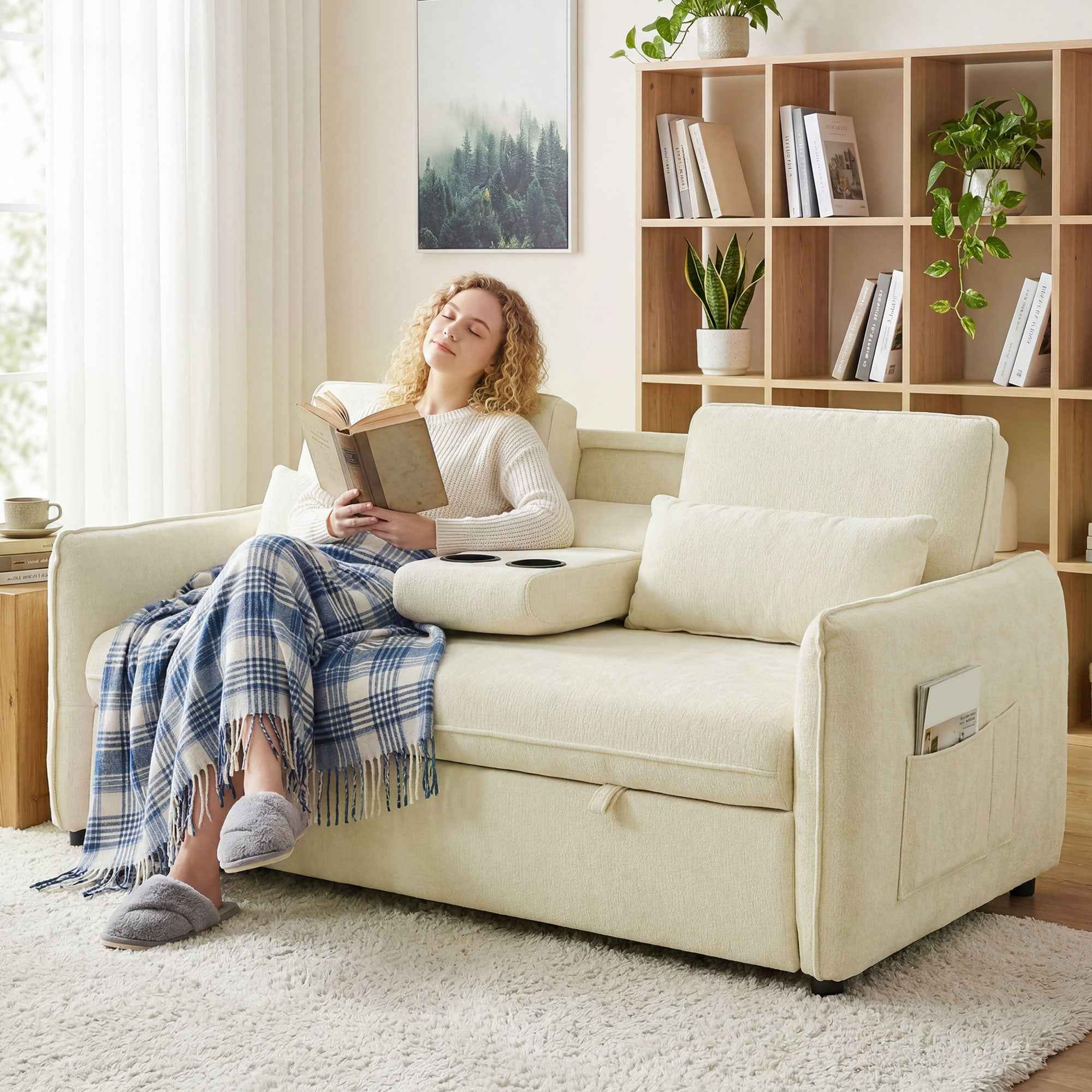 HOMCOM 3-in-1 2-Seater Sofa Bed with 3-Position Adjustable Backrest and 2 Cushions, Chenille, Beige