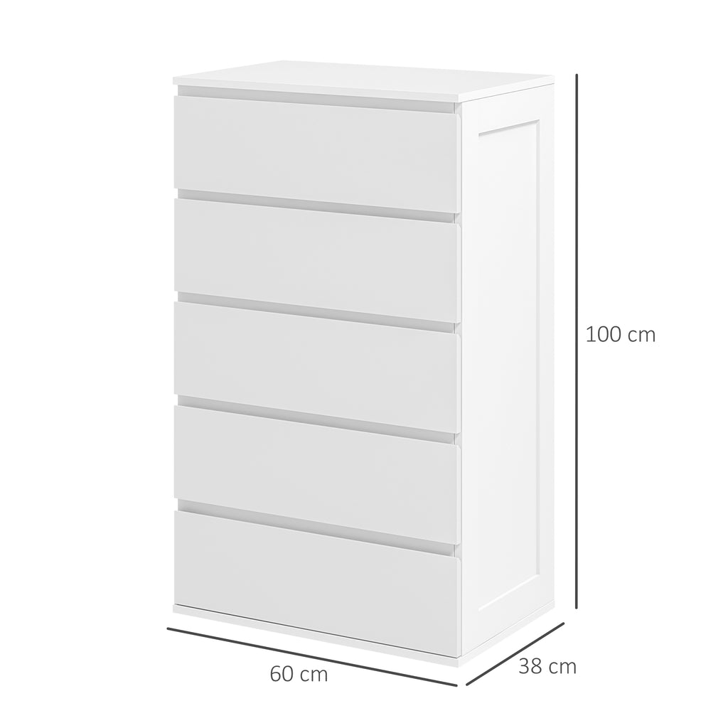 Chest of 5 Wooden Drawers with Grooved Handles, 60x38x100cm, White