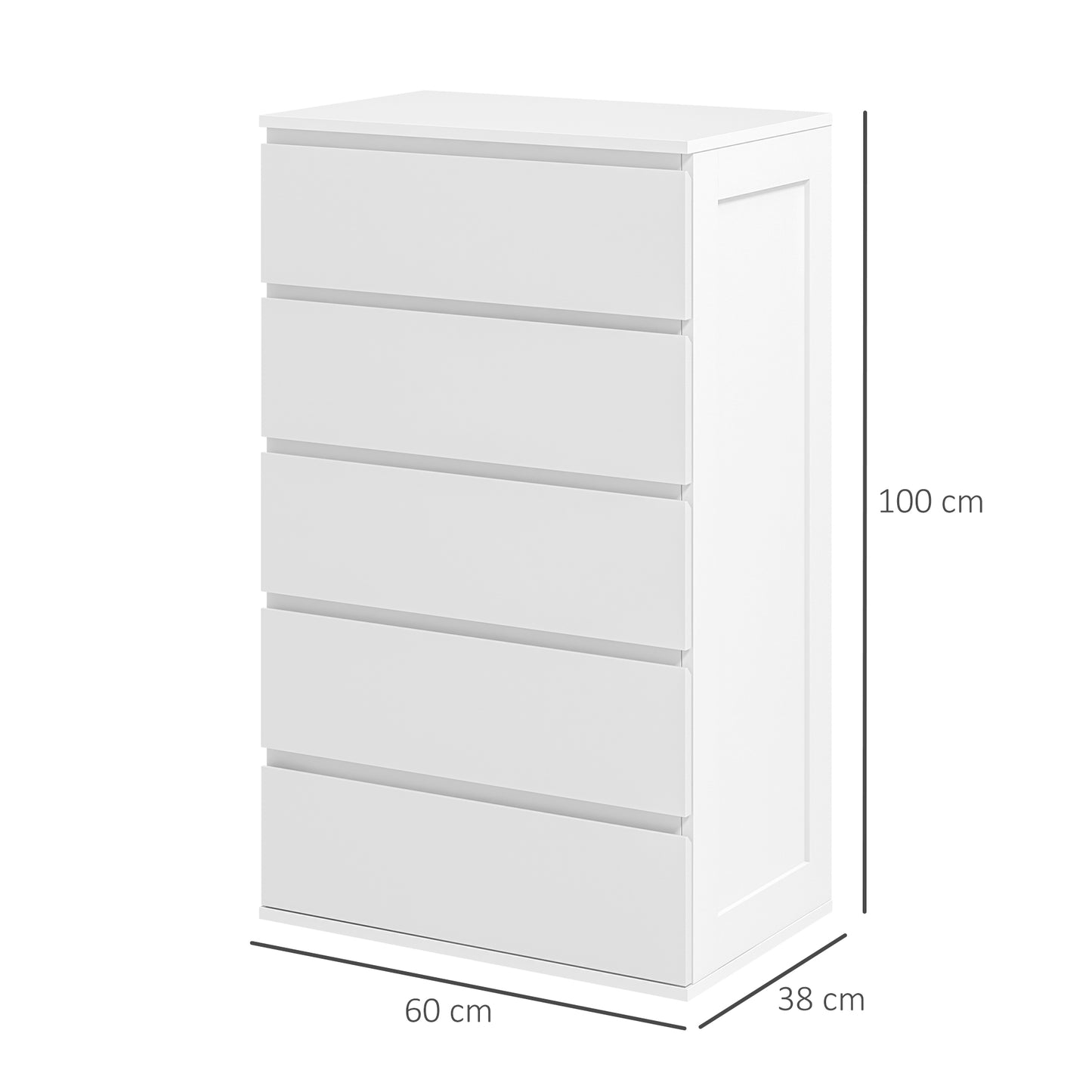 Chest of 5 Wooden Drawers with Grooved Handles, 60x38x100cm, White