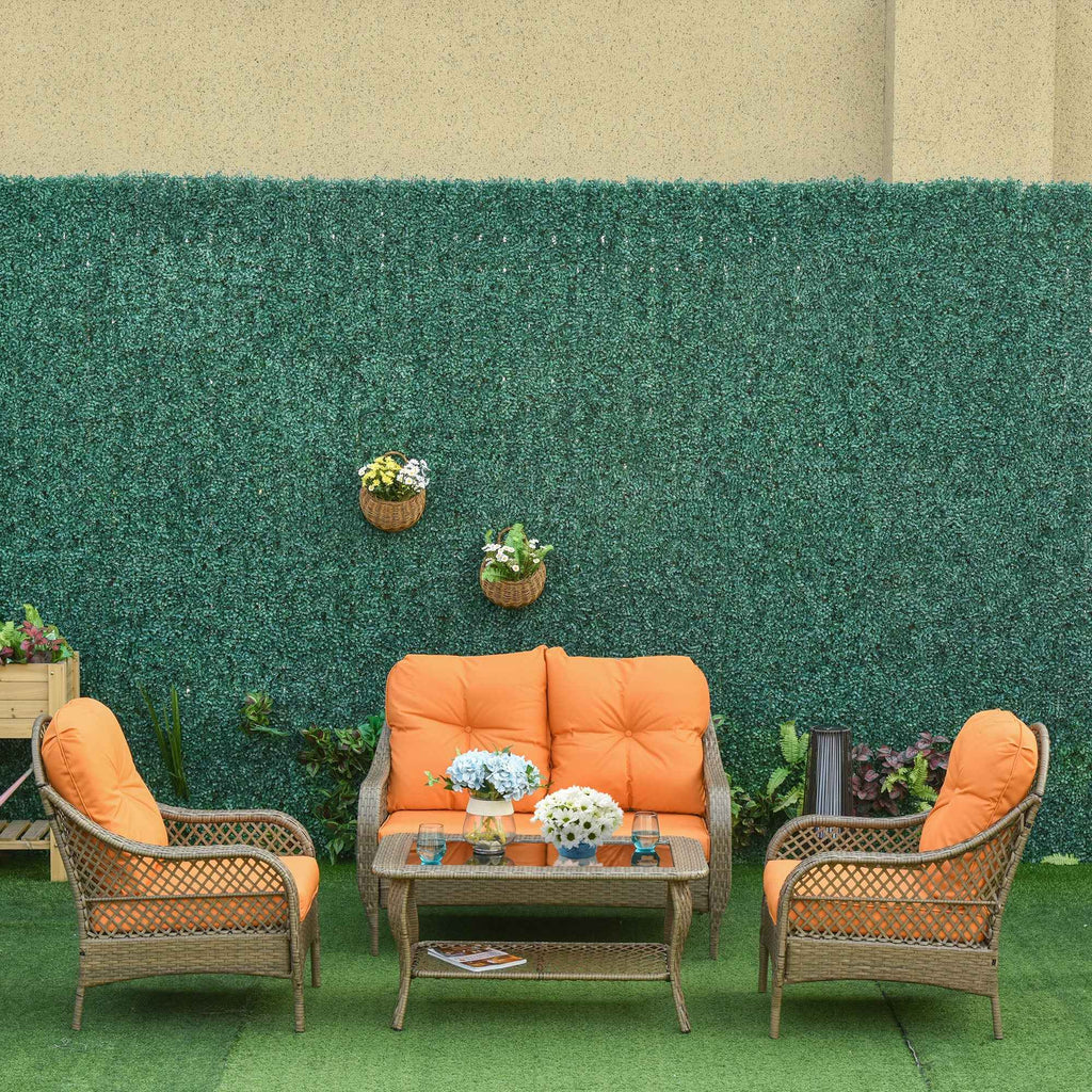 Outsunny PE Rattan Garden Furniture Set with 2 Armchairs, 2-Seater Sofa, Table and Cushions, Khaki and Orange Color