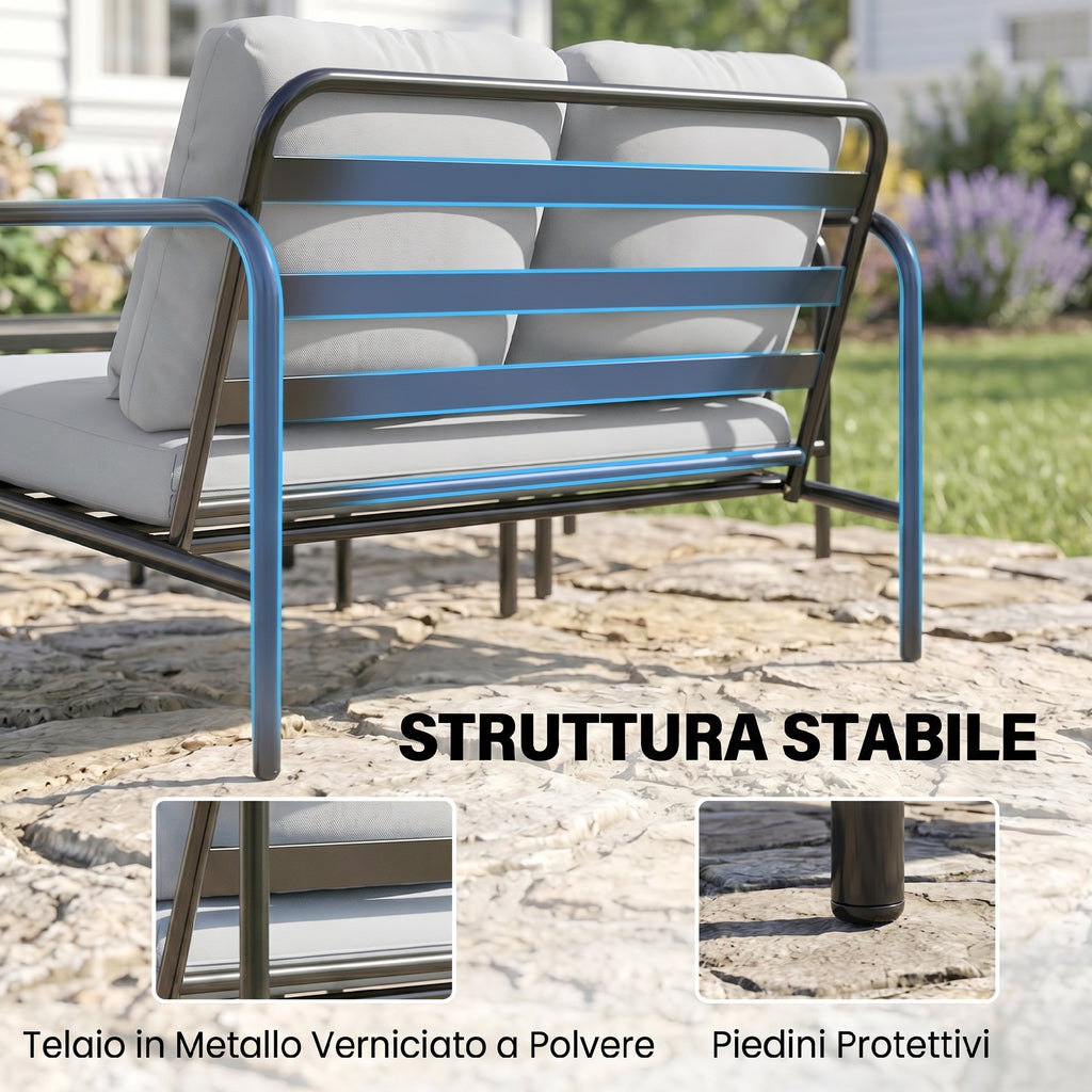 Outsunny 4-Piece Steel Garden Lounge Set with 2-Seater Sofa, 2 Armchairs and Coffee Table, Light Grey