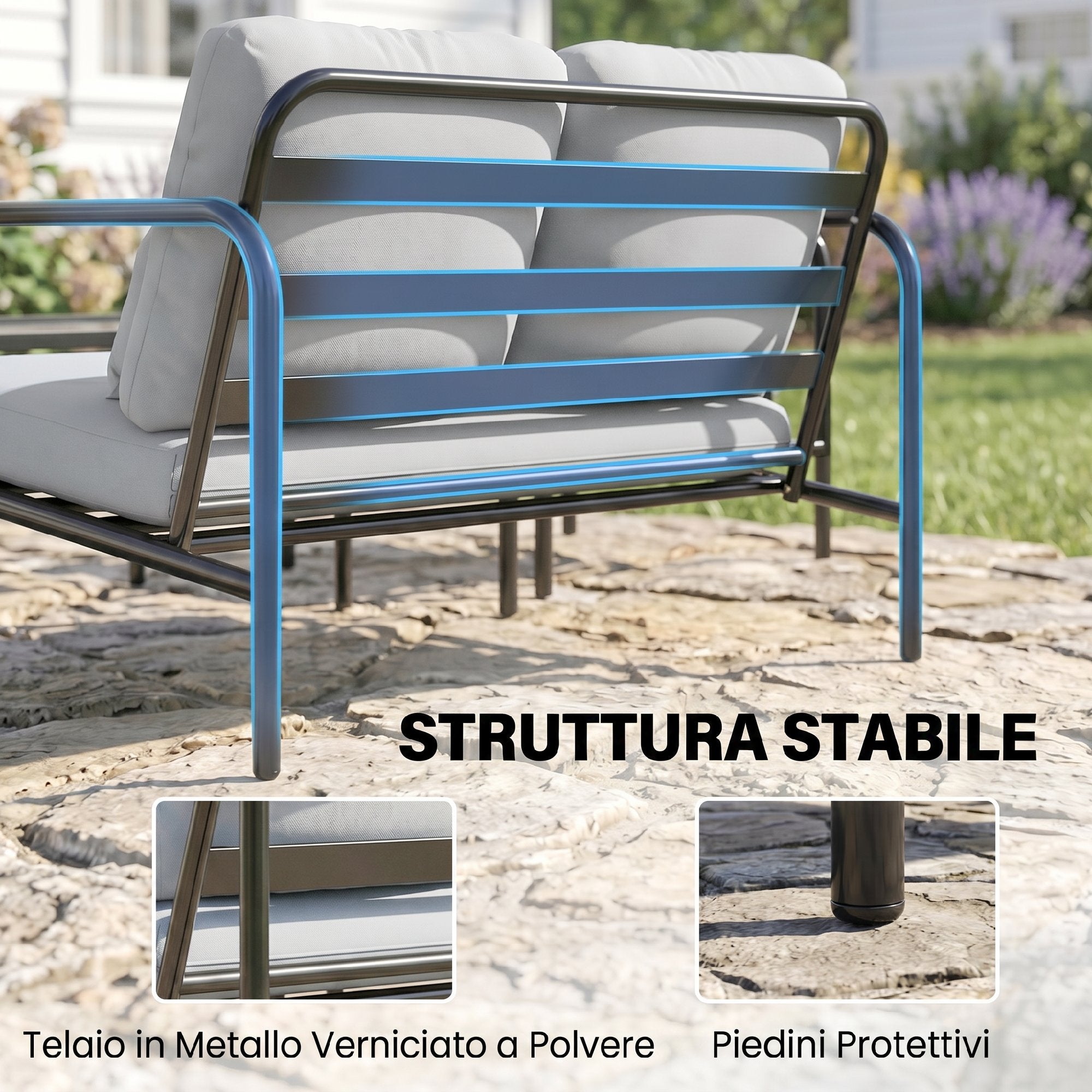 Outsunny 4-Piece Steel Garden Lounge Set with 2-Seater Sofa, 2 Armchairs and Coffee Table, Light Grey