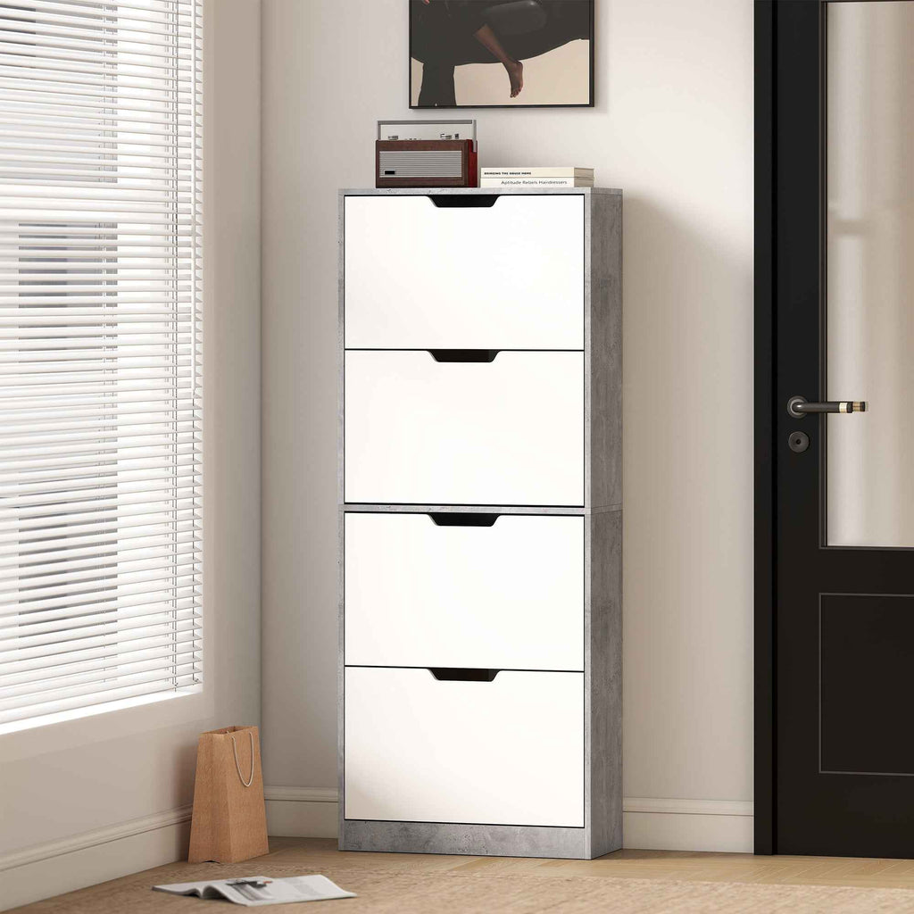 HOMCOM Space-Saving Modern 4-Door Shoe Rack for 16 Pairs of Shoes, 62.5 x 26 x 156 cm, Cement Grey
