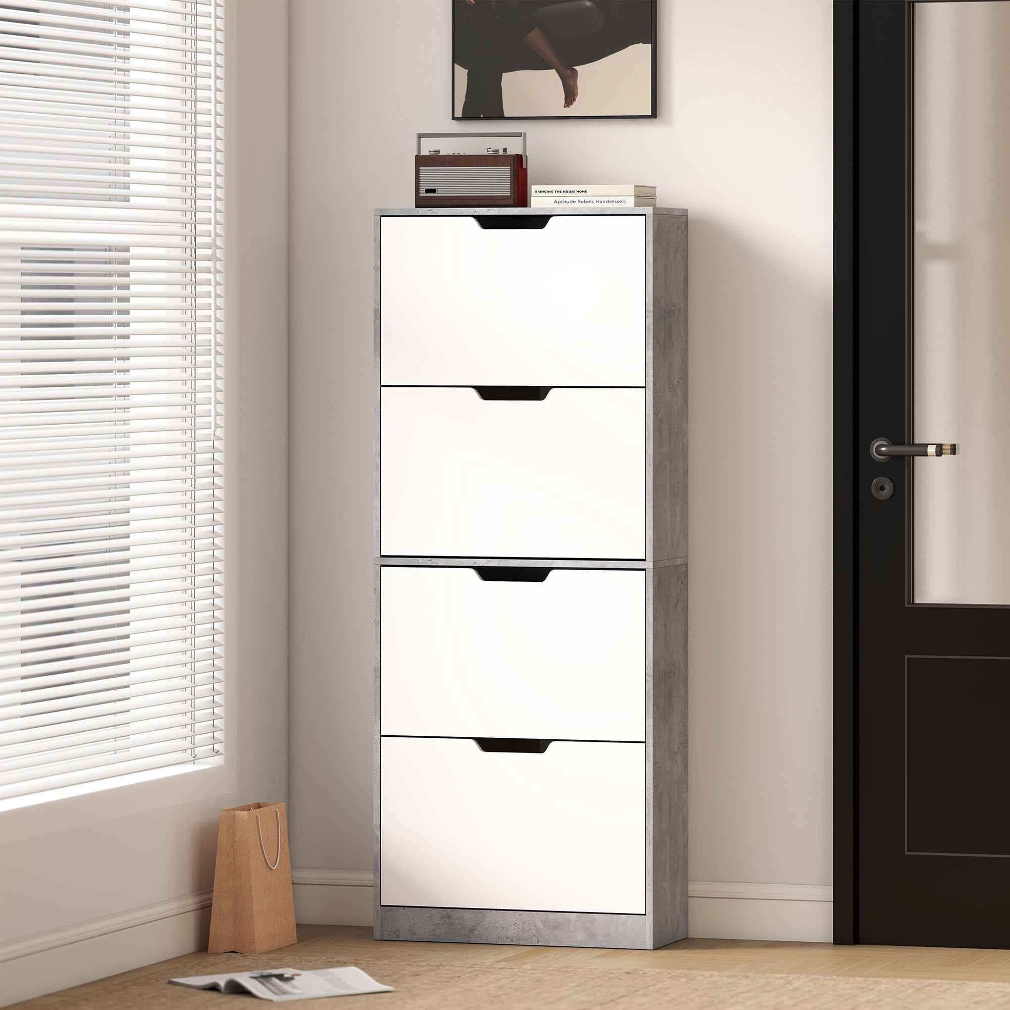 HOMCOM Space-Saving Modern 4-Door Shoe Rack for 16 Pairs of Shoes, 62.5 x 26 x 156 cm, Cement Grey