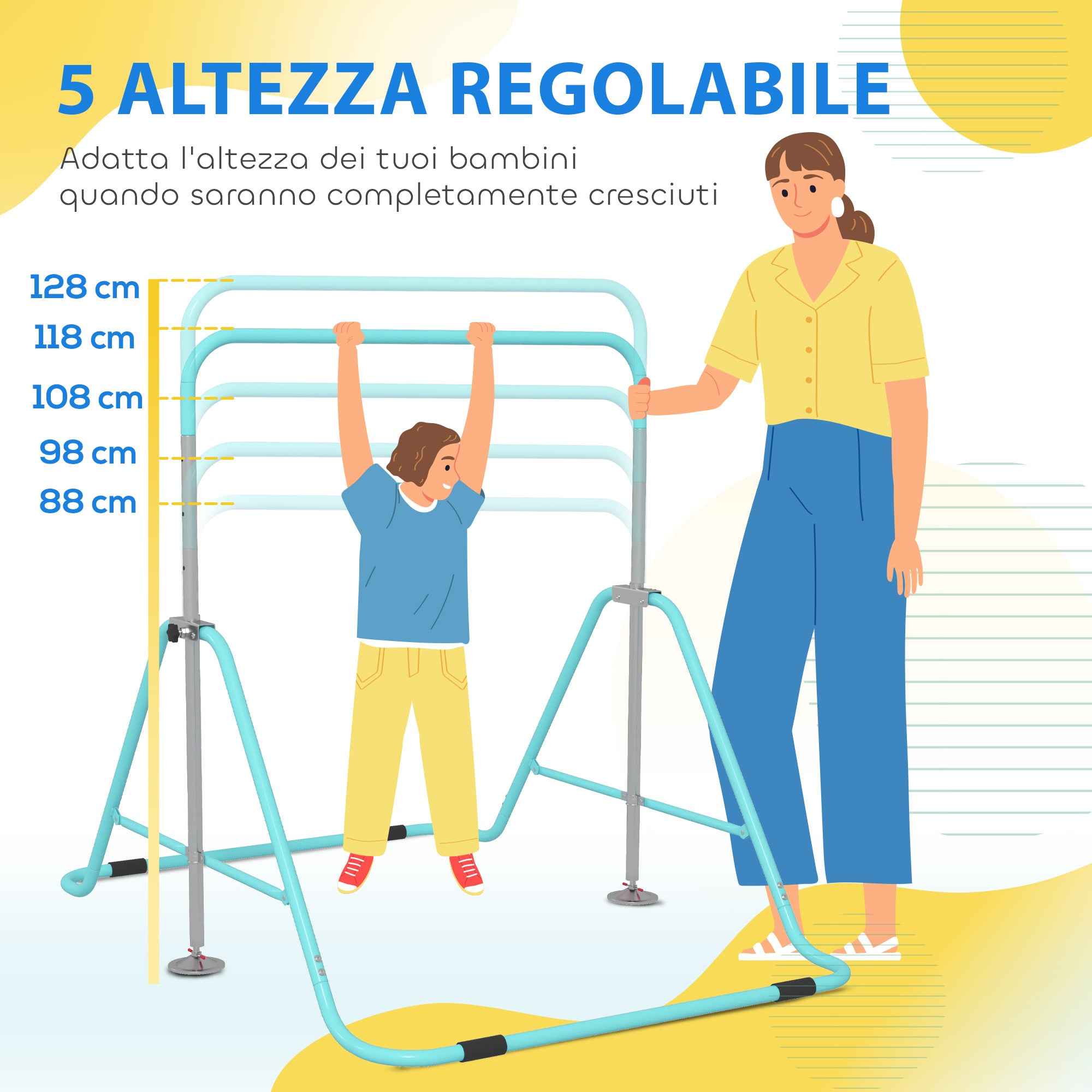 HOMCOM Gymnastics Bar for Children Ages 3+ with 5-Position Adjustable Heights in Steel, Green