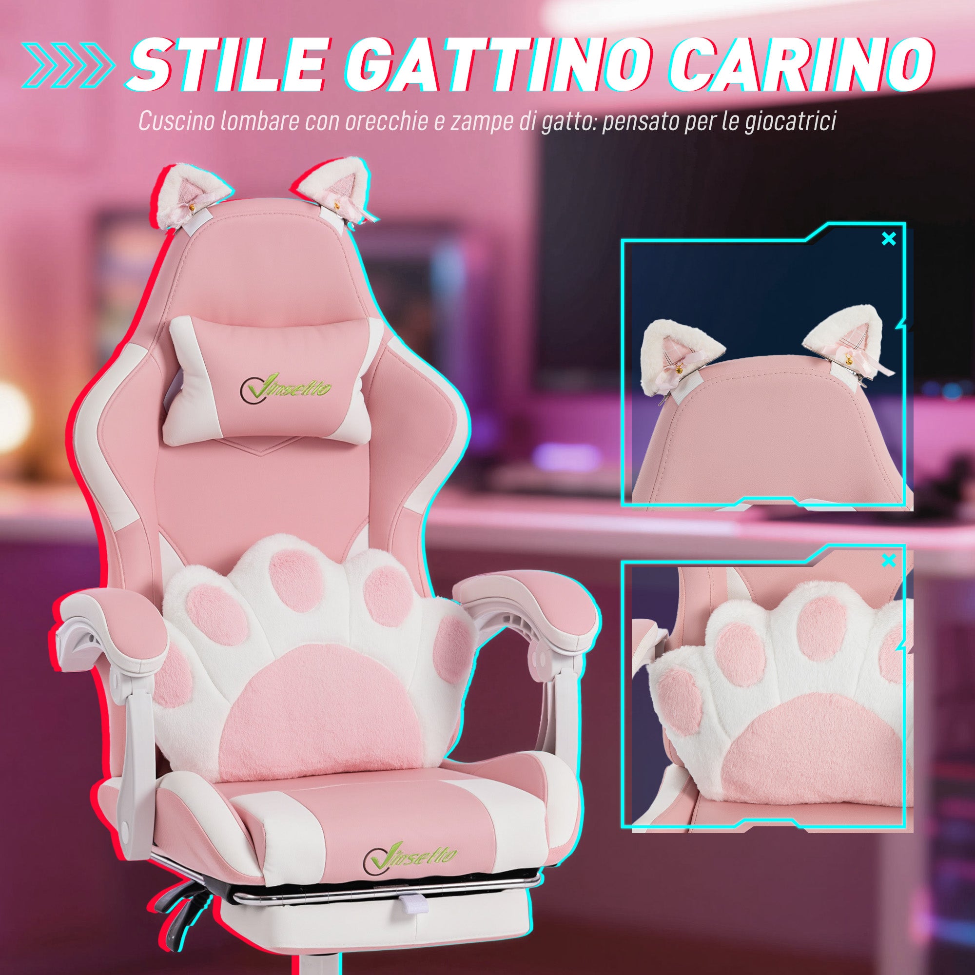 Gaming Chair Ergonomic Reclining Gaming Chair with Footrest Pink