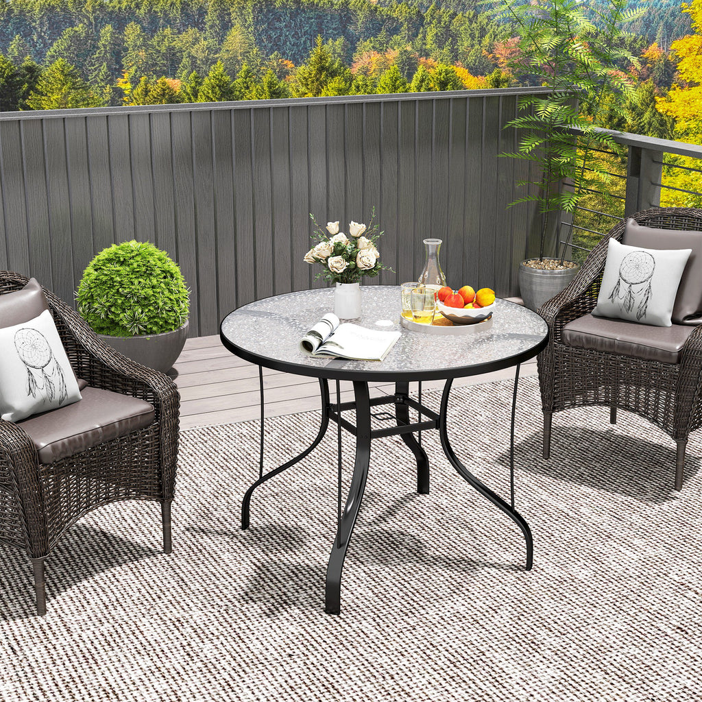 Round Garden Table with Umbrella Hole, in Metal and Tempered Glass, Ø96.5x71 cm, Black