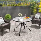 Round Garden Table with Umbrella Hole, in Metal and Tempered Glass, Ø96.5x71 cm, Black