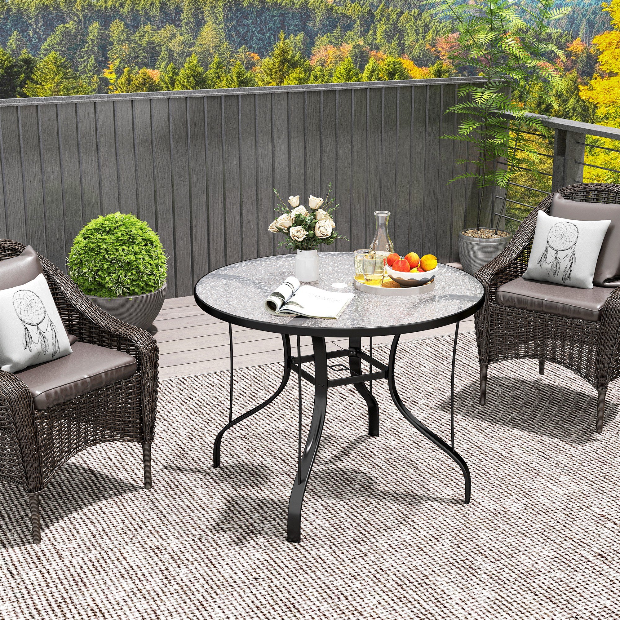 Round Garden Table with Umbrella Hole, in Metal and Tempered Glass, Ø96.5x71 cm, Black