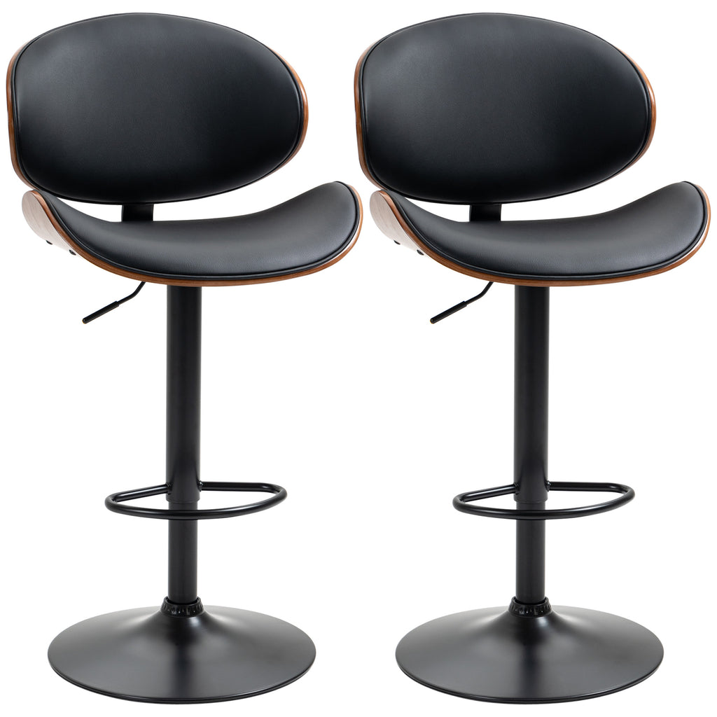 Set of 2 Bar Stools with Height-Adjustable Backrest, Wood and Faux Leather, 53x52x92-112 cm, Black