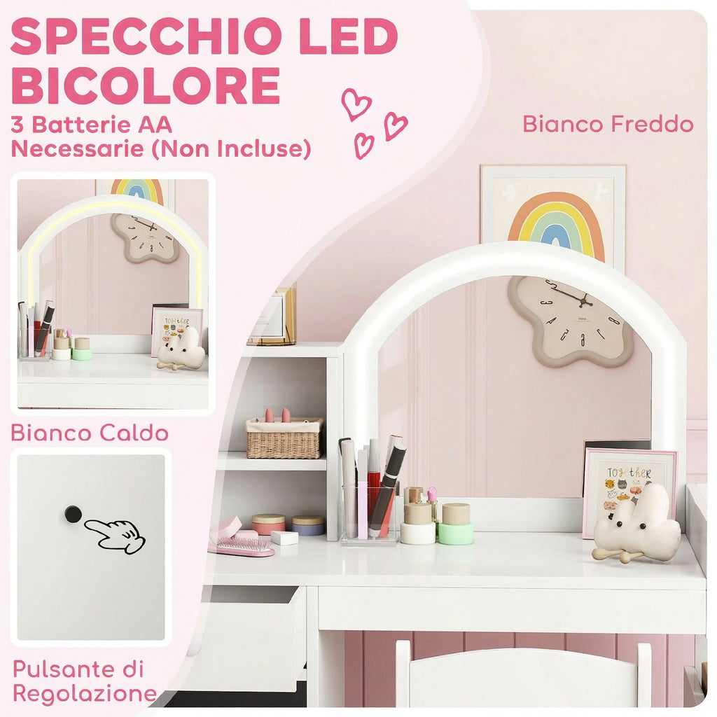 AIYAPLAY 2-in-1 Kids Dressing Table Set with Mirror, Chair, LED Light, Cabinet, Shelves and Bookcase, White