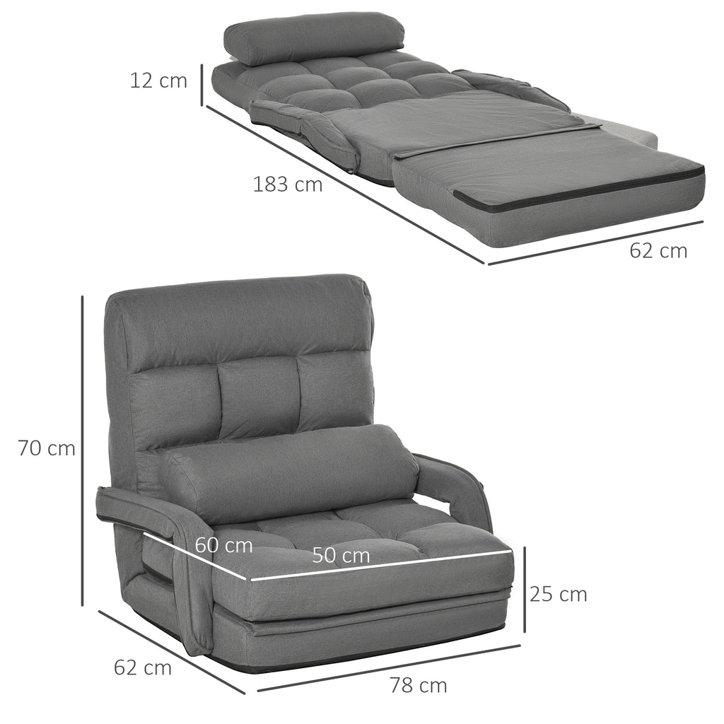 Single Sofa Bed with Cushion and 5-Level Reclining Backrest, 62x78x70 cm, Grey
