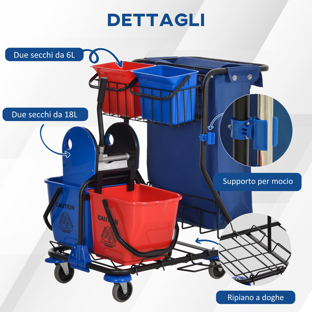 Cleaning Trolley with Garbage Bag, 4 Buckets and Mop Wringer, 93x80x97 cm, Red Blue and Black