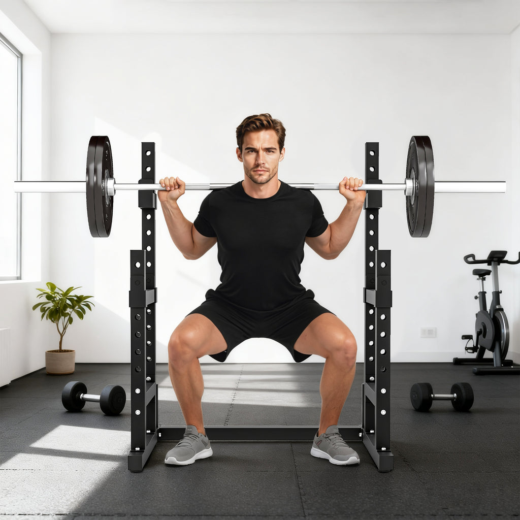 2-Tier Adjustable Barbell Rack with Disc Holder, Steel, 110x91x145 cm, Black