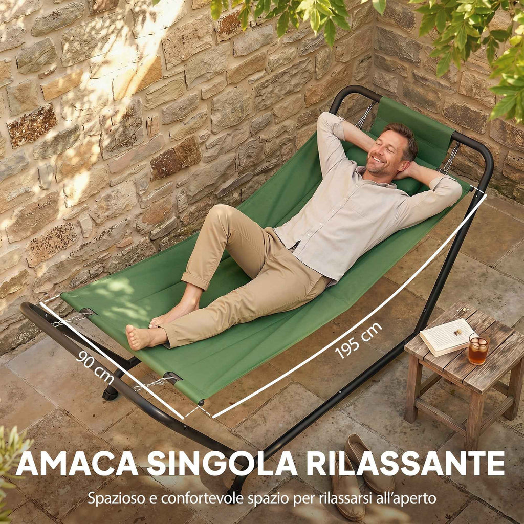 Outsunny Garden Hammock with Stand, Side Pocket and Headrest, Metal and Polyester, 237x90x92 cm, Dark Green