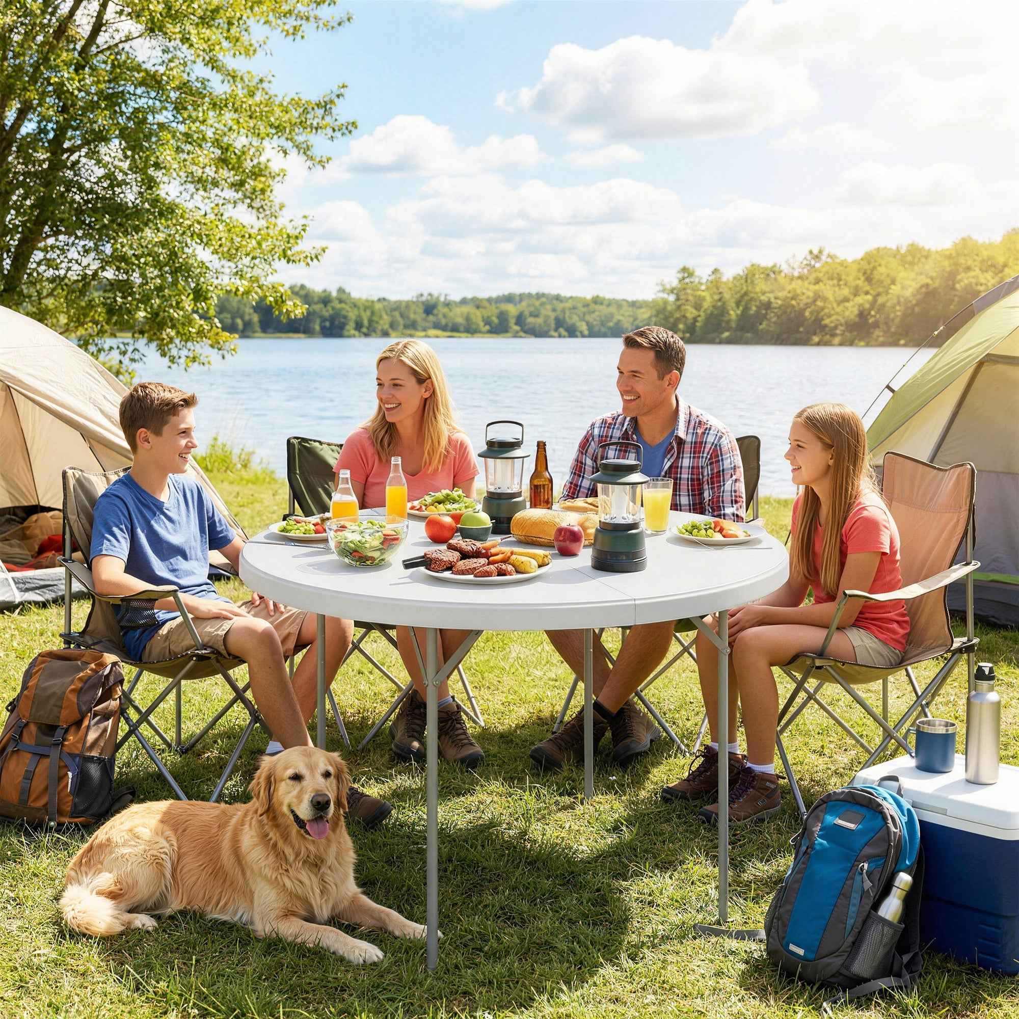 Outsunny Round Folding Camping Table in Metal and HDPE, 120x120x74 cm, White