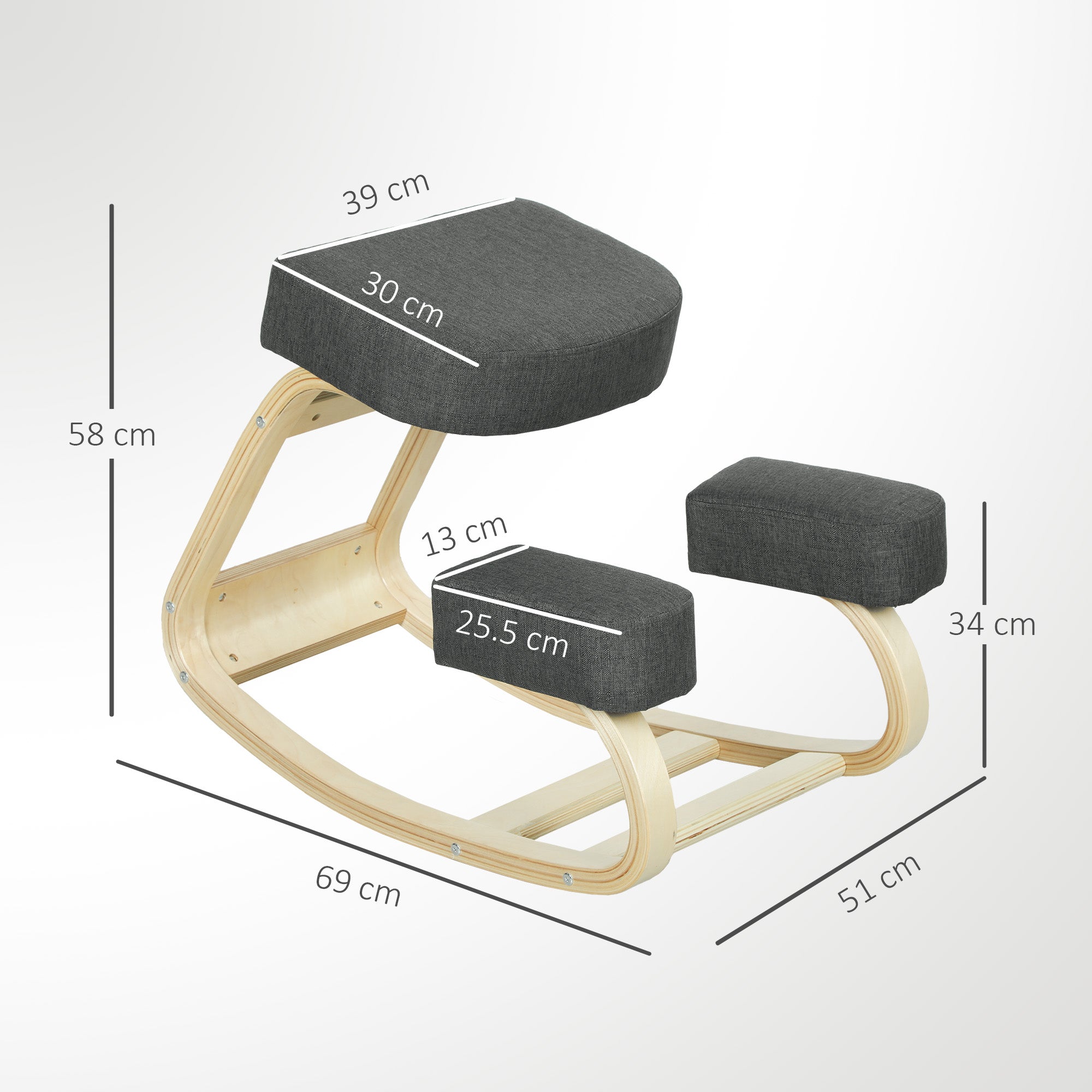 Ergonomic Kneeling Chair in Birch Wood and Cushion, 51x69x58 cm, Grey