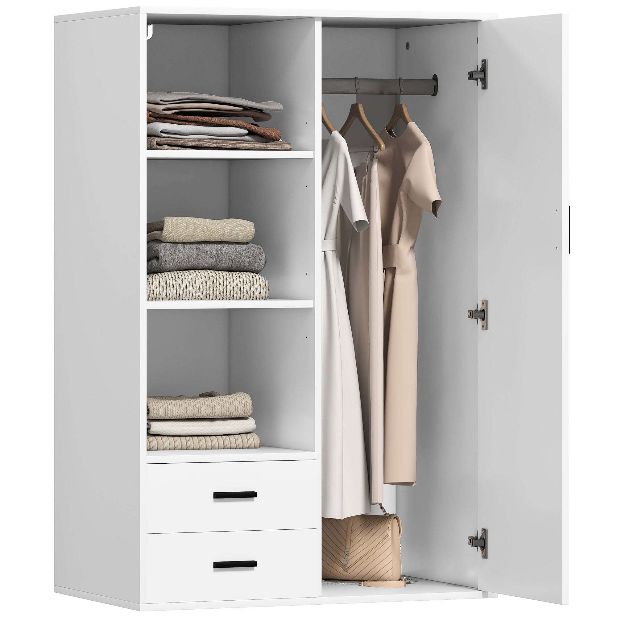 Modern Wardrobe with 2 Drawers, Open Shelves and Hanging Space, 80x50x124 cm, White