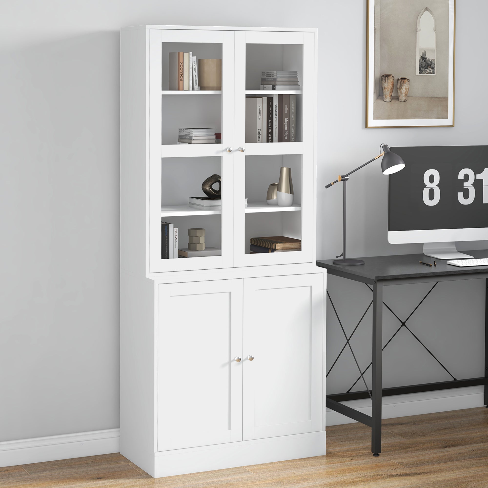 Bookcase with 2 Cabinets, Adjustable Shelves and Glass Doors, 76x40x178.5 cm, White