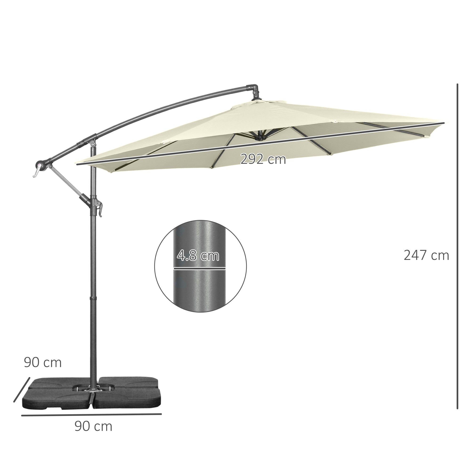 Decentralized Umbrella with 6 Ribs with Crank and Cross Base, in Metal and Polyester, Ø292x247 cm, Beige