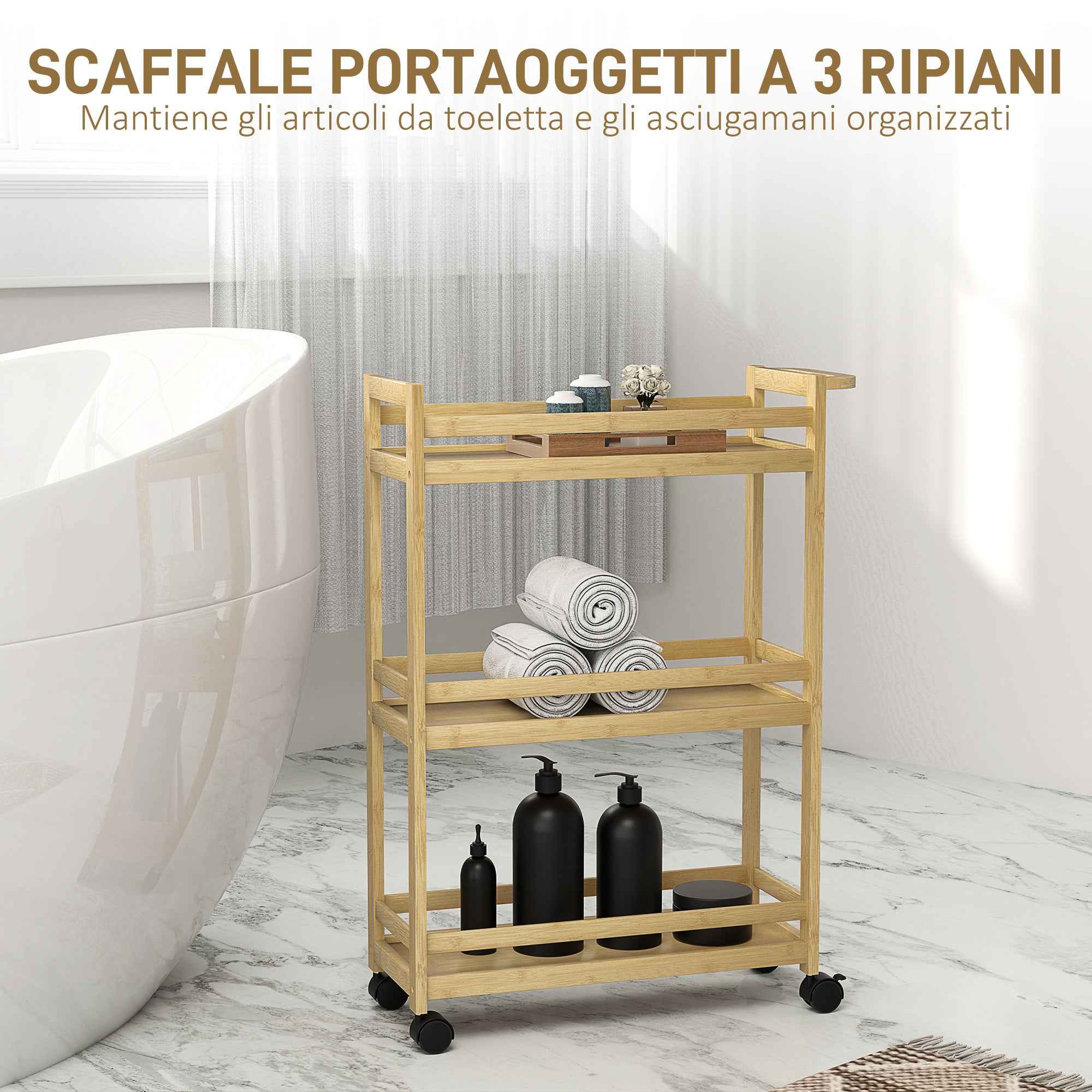 HOMCOM 3-Tier Bamboo Bathroom Storage Cart, 55x20x75 cm, Wood Color