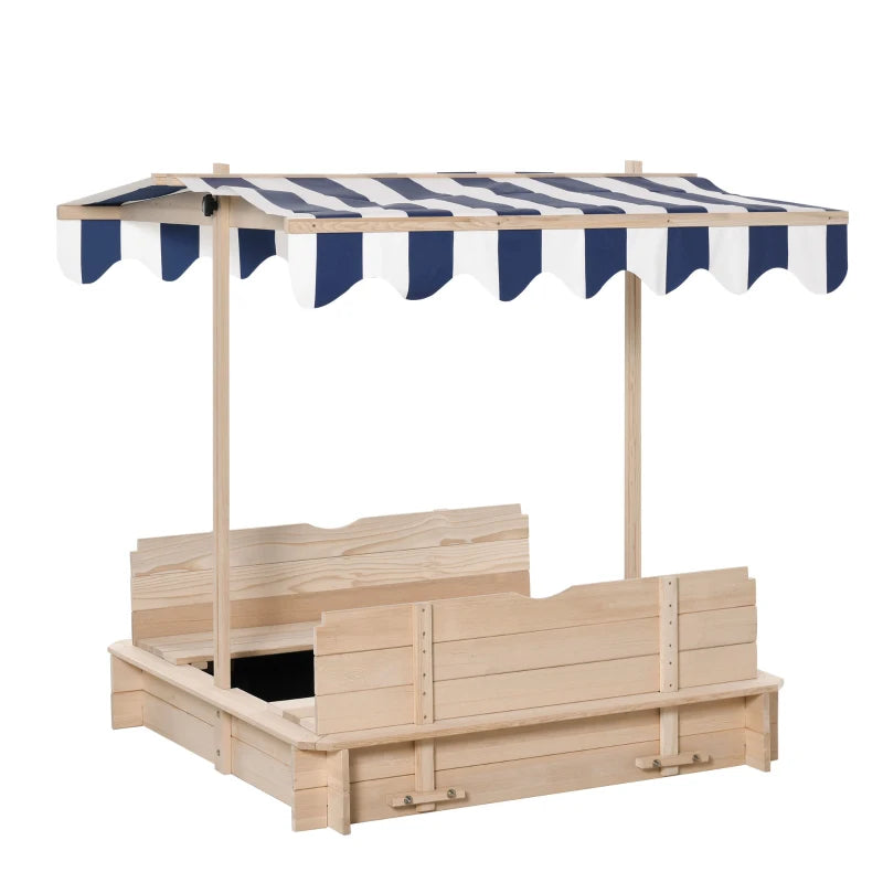Children's Wooden Sandpit with Sun Shade, Bench and Lid, 106x106x115 cm White and Blue