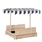 Children's Wooden Sandpit with Sun Shade, Bench and Lid, 106x106x115 cm White and Blue