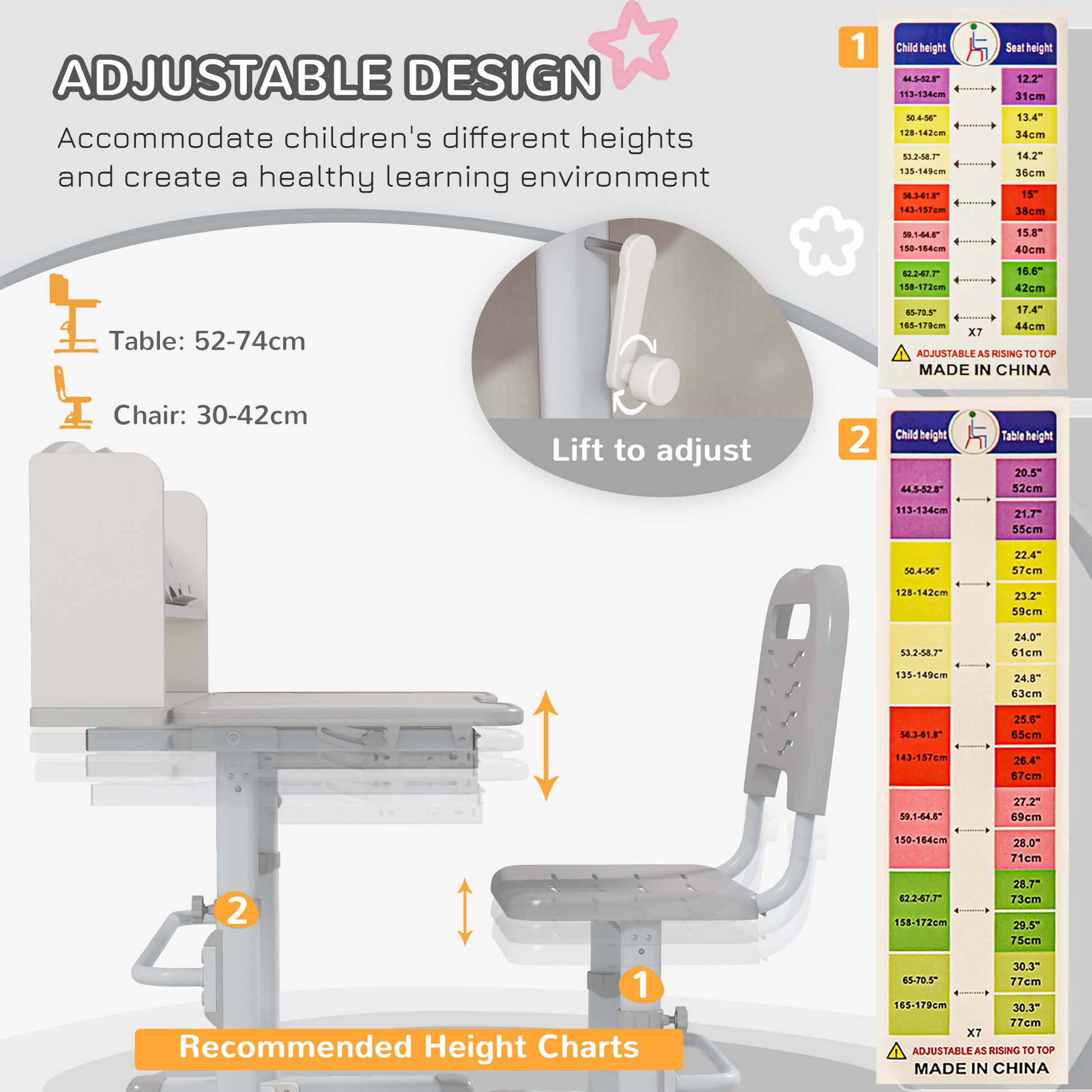 Zonekiz set for children's desk with height adjustable chair and tilting plan, age 6-12 years, gray - Borgè