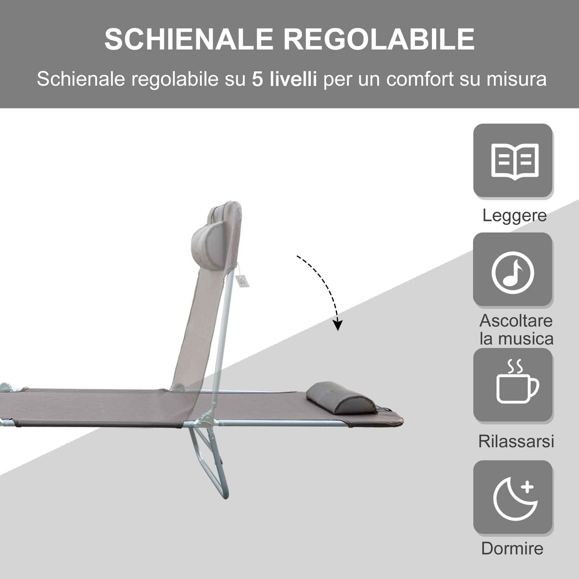 Outsunny Folding Sun Lounger with Reclining Backrest and Cushion, 182 x 56 x 24.5 cm, Brown and Silver