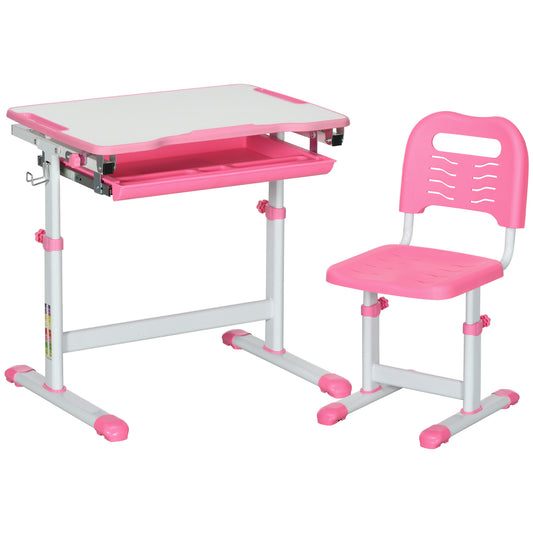 HOMCOM School Desk for Children 6-12 Years with Chair and Adjustable Height, Tilting Top, 66x47x52-77 cm, Pink