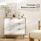 Modern Sideboard with 3 Drawers and Cabinet, Adjustable Internal Shelf and Glossy Doors, White and Oak
