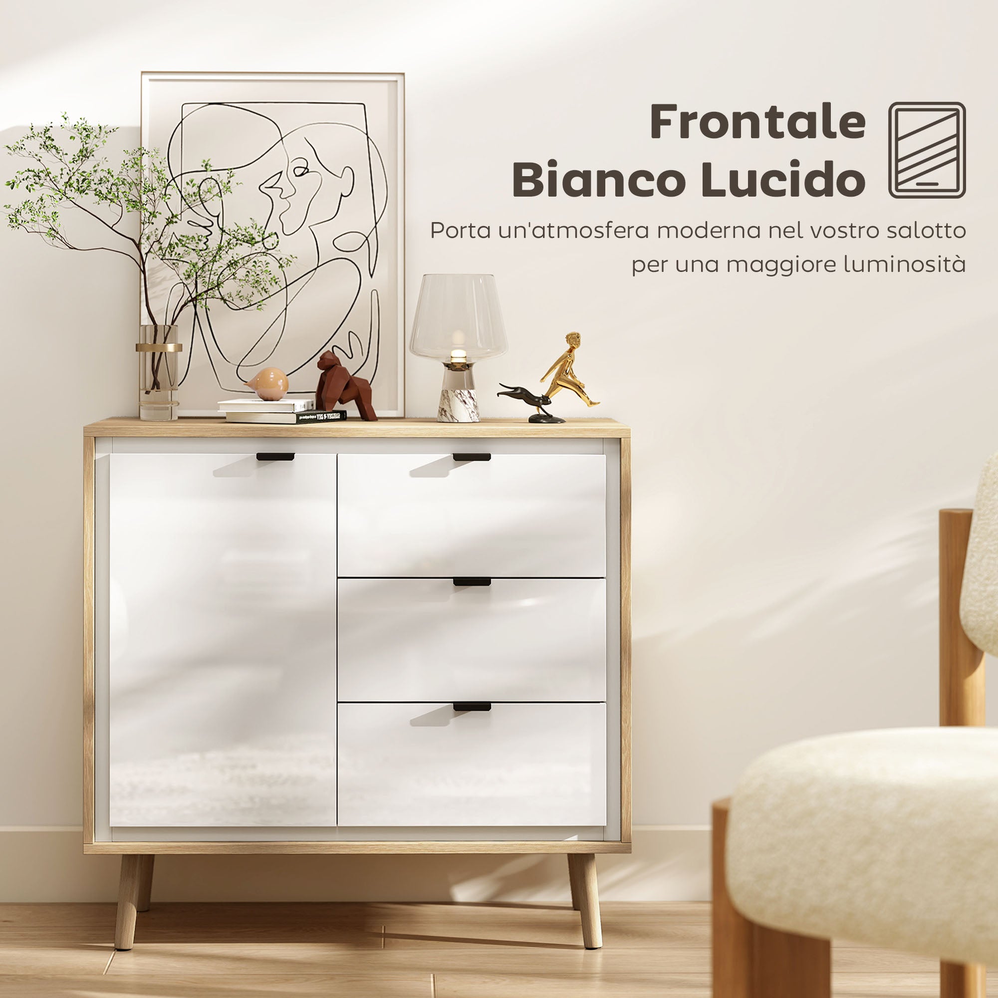 Modern Sideboard with 3 Drawers and Cabinet, Adjustable Internal Shelf and Glossy Doors, White and Oak