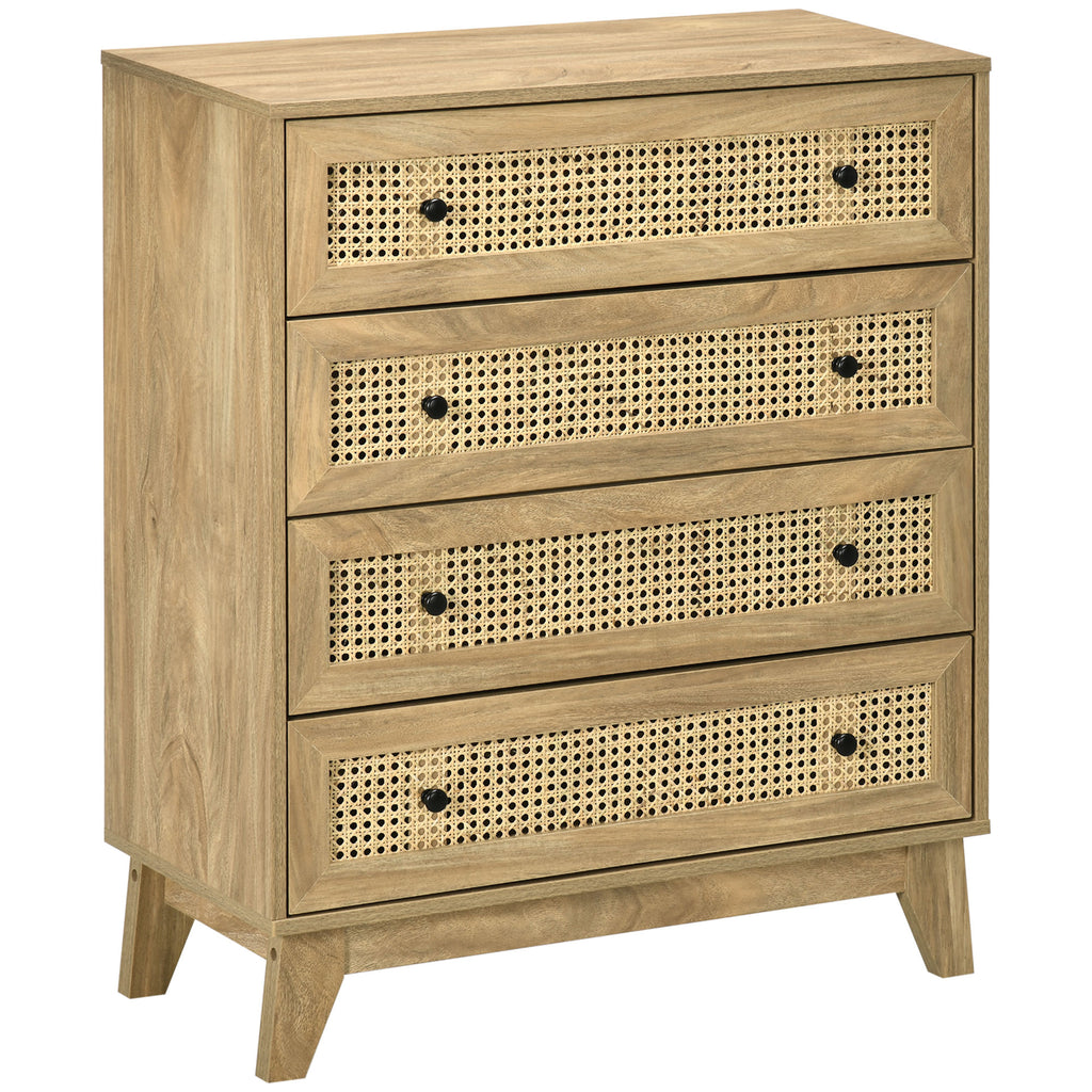 Chest of Drawers with 4 Drawers and Rattan Inserts, Boho Style, 80x35x95 cm, Natural Wood